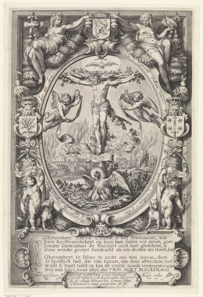 Alegorik çerçevede çarmıha germe Trou blycken olmalıdır (nesnedeki başlık) by Jacob Matham