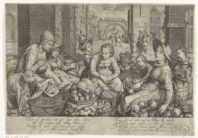 Arka planda bağdaki işçilerin benzetmesiyle pazar sahnesi, yaklaşık 1600 by Jacob Matham