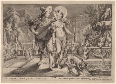 Diana Serenat Yapan Genç Bir Adama Eşlik Eden Luna rolünde by Jacob Matham, after Hendrik Goltzius