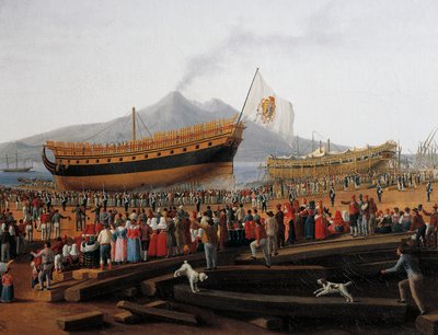 Castellammare di Stabia tersanesinde geminin denize indirilmesi (tuval üzerine yağlı boya) by Jacob Philippe Hackert