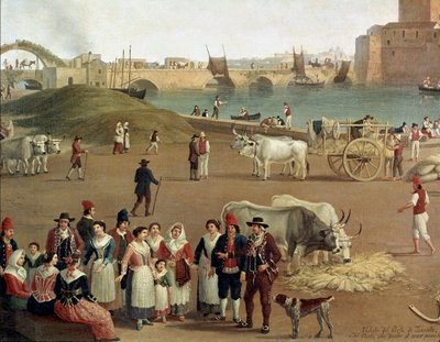 Taranto limanı, ticari faaliyetlerin ayrıntıları, işçiler ve geleneksel kıyafetli insanlar (Resim by Jacob Philippe Hackert