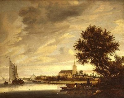 Ön planda bir feribot olan bir nehir manzarası by Jacob Salomonsz. (circle of) Ruysdael