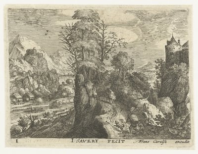 Sarp bir kaya üzerinde gezginlerle manzara Gezginlerle altı manzara (dizi başlığı) by Jacob Savery (I)
