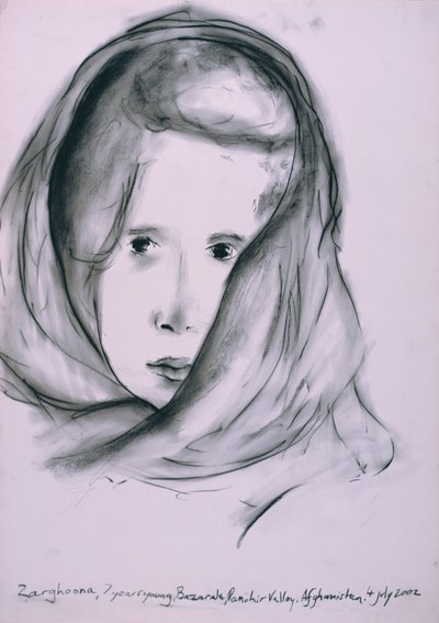Zarghoona, Panshir Vadisi, Afganistan, 4 Temmuz 2002 (kağıt üzerinde karakalem) by Jacob Sutton