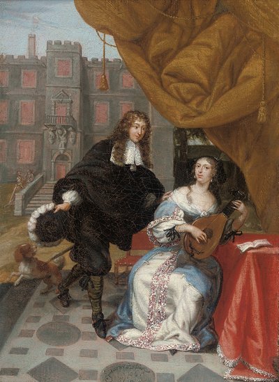 Bir avluda müzik yapan bir hanımefendiye kur yapan bir bey, 1668 by Jacob de Fourmentrou