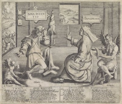 İyi Niyet (Bona Intentio) ve Anlaşmazlığın (Discordia) kişileştirmeleriyle alegori by Jacob de Gheyn (I) (circle of)