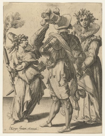Festival kıyafetleri içinde bir çiftin önünde bir meşale ile gözleri bağlı bir aşk tanrısı Maskeli Balolar (dizi adı) by Jacob de Gheyn (II) (workshop of)