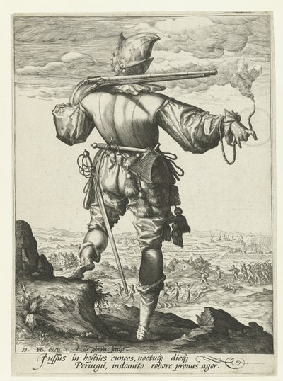 Kasklı silahşör (harquebusier?) Subaylar ve Askerler (dizi adı) by Jacob de Gheyn (II)