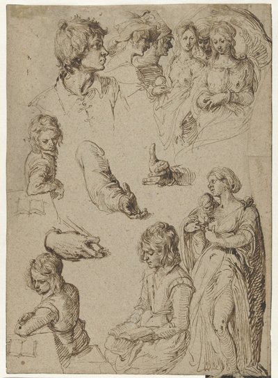 Ellerin ve figürlerin incelenmesi Genç bir adam, çocuğu olan bir kadın ve bir Paris yargısı veya cadıların sabbath ile çalışma sayfası by Jacob de Gheyn (II)