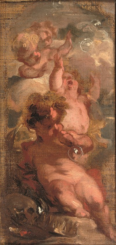 Bir Vanita Alegorisi: Dört adet macun üfleme balonu, bir kafatası, bir sanatçının paleti ve yanında bir taç (panel üzerine yerleştirilmiş tuval üzerine yağlı boya) by Jacob de Wit