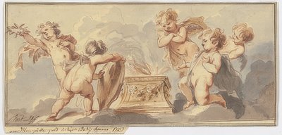 Bir sunakta beş amourette kurban edilir. 1723 by Jacob de Wit