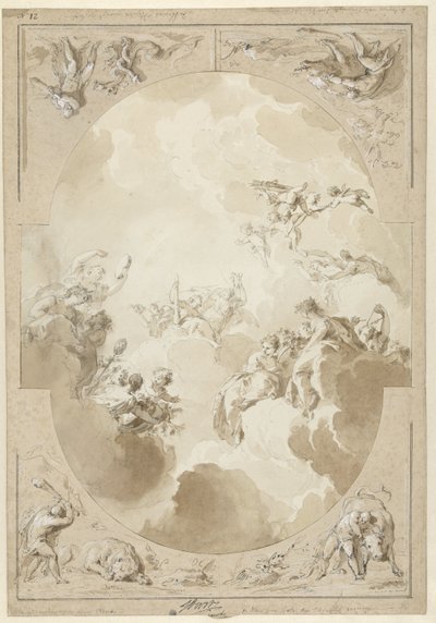 Herkül'ün Apotheosis'ini ve dört eserini betimleyen bir tavan resmi tasarımı by Jacob de Wit