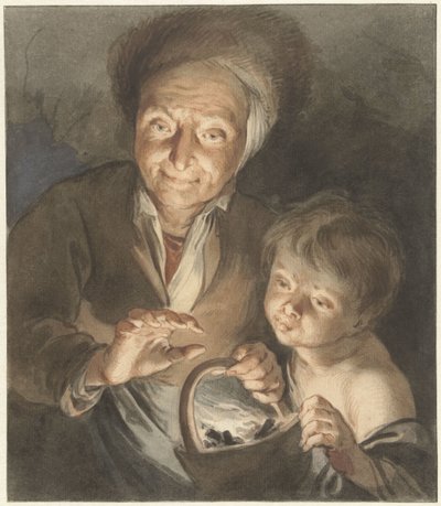 Çocuk ve yangın testi ile yaşlı kadın by Jacob de Wit