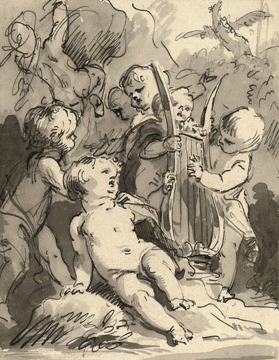 Putti lir çalıyor (kırmızı tebeşir, kalem ve siyah mürekkep ve gri yıkama) by Jacob de Wit