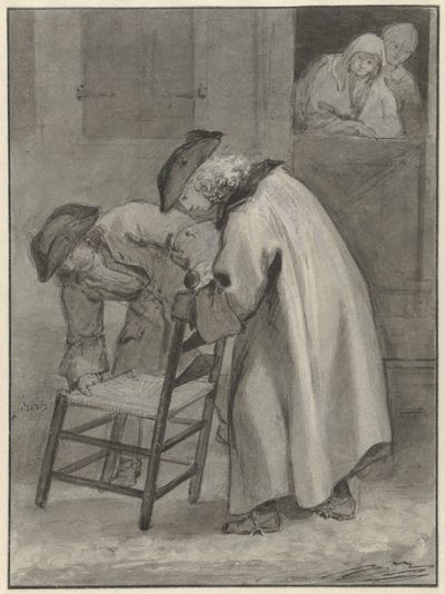 Dikişli iki adam hasır sandalyeye bakıyor. by Jacob de Wit