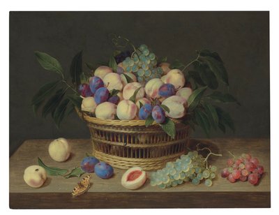 Hasır sepet içinde şeftali, erik ve üzüm, ahşap masa üzerinde meyve ve kelebek by Jacob van Hulsdonck