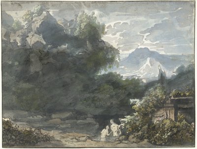 Dağlık bir arazide antik bir anıtta yıkananlar by Jacob van Liender