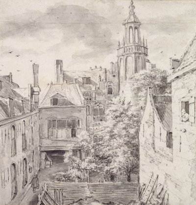 View of the Courtyard of the House of the Archers of the St. Sebastian Guild on the Singel in Amsterdam (pencil und wash on paper) by Jacob van Ruisdael