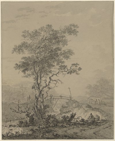 Bir nehir, bir köprü ve bazı rakamlar ile bir ağaç ile dağlık manzara by Jacob van Strij
