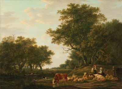 Suyun Üzerinde Sığırları ve Balıkçılarıyla Köylülerle Manzara by Jacob van Strij