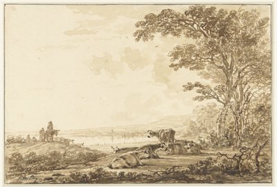 Sığırların dinlendiği nehir manzarası by Jacob van Strij