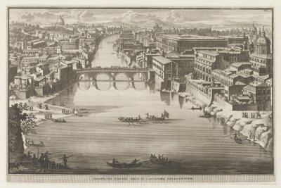 Tiber Nehri üzerinde Ponte Sisto ile Roma manzarası Prospektüs Pontis Sixti IV locorumq adjadentium (nesne üzerindeki başlık) Roma