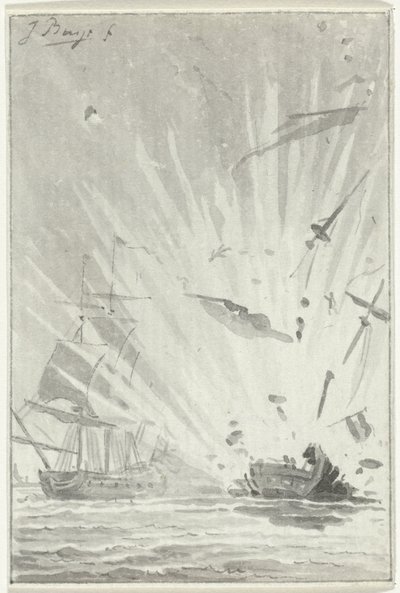 Hollandalı korsan De Dappere Patriot'un İngiliz gemisi Kameleon ile savaşta patlaması, 14 Ağustos 1781 by Jacobus Buys