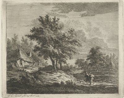 Üç ağacın yanında yürüyüşçülerle dolu bir manzara by Jacobus Cornelis Gaal