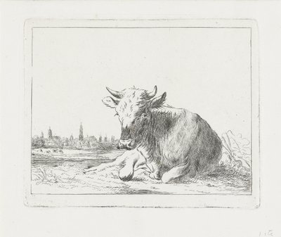 Yatan inek, arka planda bir şehir by Jacobus Cornelis Gaal