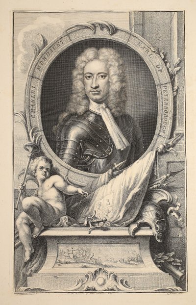 Peterborough Kontu Charles Mordaunt'un portresi, 'Büyük Britanya'nın Şanlı Kişilerinin Başkanları'ndan bir çizim, pub. Knapton, Londra 1742 tarafından by Jacobus Houbraken