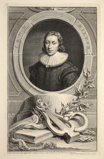 John Milton'ın portresi, 'Büyük Britanya'nın Şanlı Kişilerinin Başkanları'ndan bir çizim, pub. Knapton, Londra 1742 tarafından by Jacobus Houbraken