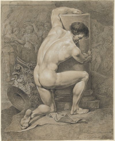 Erkek çıplak diz çökmüş, kollar bir sütunun etrafında sağa doğru by Jacobus Johannes Lauwers