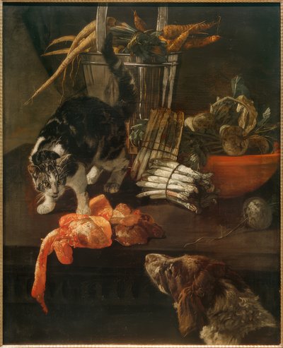 Köpek ve kedi ile mutfak parçası by Jacobus Victors