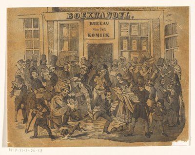 De Komiek'i almak için bir kitapçının önünde kalabalık by Jacobus Wilhelmus Adrianus Hilverdink (possibly)