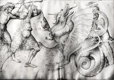 Savaşçılar ve bir ejderha arasındaki savaş, c.1450 (parşömen üzerine mürekkep) by Jacopo Bellini