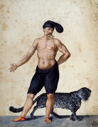Önde duran genç Afrikalı adam, yarı giyinik kafasında uzun bere (şapka) giyiyor, arkasında kaplan var, çizimi Jacopo Ligozzi (1547-1627) by Jacopo Ligozzi