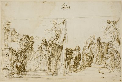 Doge Pasquale Cicogna, Sala del Pregadi, Palazzo Ducale, Venedik'in adak resmi için iki kompozisyon çizimi by Jacopo Palma