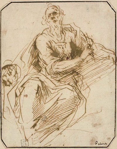 St. Mark için çalışma (rekto); Yarım Boy Erkek Figür Kroki, Yukarıya Doğru Sağa Bakıyor (ters) by Jacopo Palma il Giovane