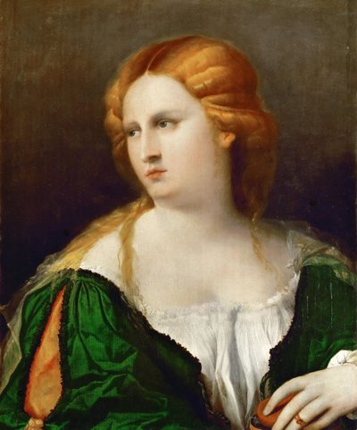 Yeşil elbiseli genç bir kadın, elinde bir kutu, yaklaşık 1514 by Jacopo Palma il Vecchio the Elder