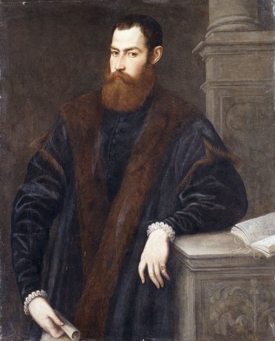 Bir beyefendinin portresi, dörtte üç boyunda, kürklü bir paltolu, elinde bir belge tutan ve bir kaideye yaslanmış, by Jacopo Robusti Tintoretto