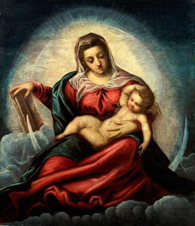 Madonna ve Çocuk, bir hilal ve bulutlar üzerinde bir mandorlada, bilgelik kitabıyla by Jacopo Robusti Tintoretto