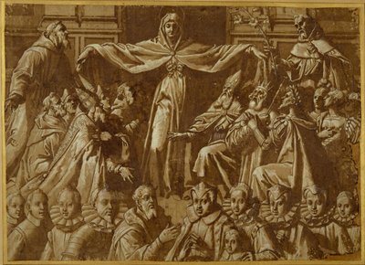 Sts ile Madonna della Misericordia. Francis ve Dominic, diğer azizler ve yöneticiler ve bir bağışçı ailesi ile (kağıt üzerinde yıkama ve beyaz gövde rengine sahip kalem ve kahverengi mürekkep) by Jacopo Zucchi