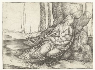 Meryem, göğsünde çocuğu olan bir ağacın ayağının önünde oturuyor. by Jacopo de
