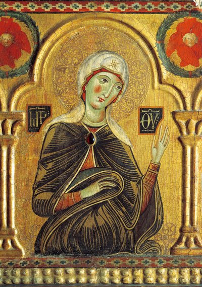 Meryem figürü, Madonna ve üç Aziz ile Kurtarıcı, Meliore Toscano veya Meliore di Jacopo (1255-1285 dolaylarında), panel üzerinde tempera ve altın, 85x210 cm by Jacopo di Meliore