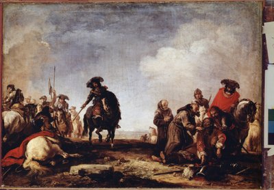 ""Savaştan sonra"" (Savaştan sonra) Bir grup keşiş onları kutsamak için yaralıların arasından geçer. Resim Jacques Courtois (1621-1696) 17. yüzyıl Hermitage Müzesi, Sankt Petersburg (Saint-Petersburg) by Jacques Courtois