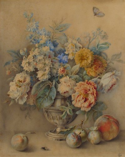 Gümüş Tekerde Çiçekler, Ön Planda Meyve, 18. yüzyıl. by Jacques André Portail