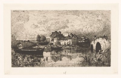 Sağda ve solda bir köprü ile su üzerinde bir köyün görünümü by Jacques Barthélemy Appian (Adolphe)