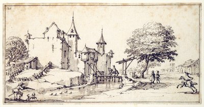Asma köprülü bir şato (kağıt üzerinde kalem ve kahverengi mürekkep) by Jacques Callot