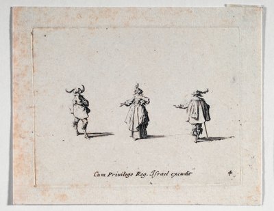 Elini uzatmış bir kadın ve iki süvari, ... (gravür) by Jacques Callot