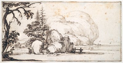 Sahilde fantastik kayalar, sahilde binalar (kağıt üzerine kalem ve kahverengi mürekkep) by Jacques Callot